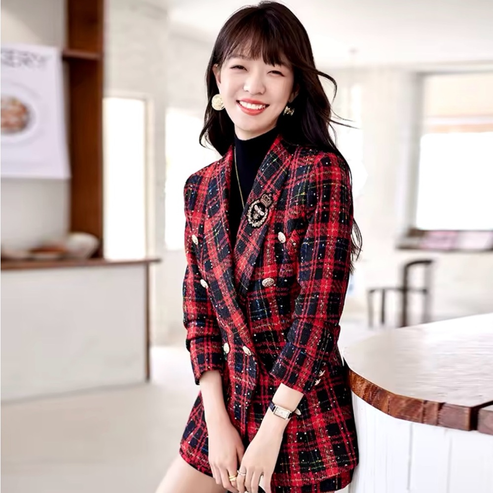 2 Piece Set Autumn Winter Women Tweed Blazer Shorts Suits Outfits Casual Match.